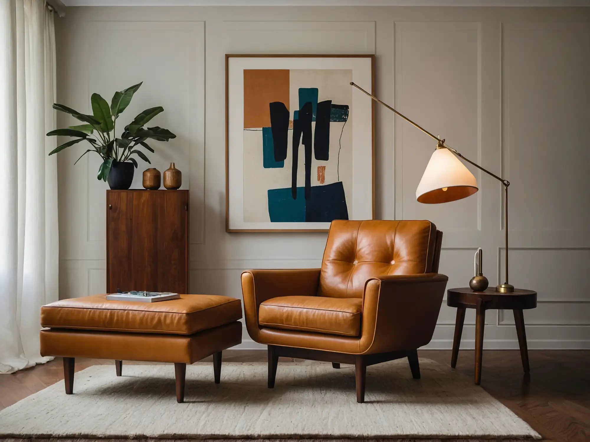 Mid-century modern living room with tan leather chair and ottoman